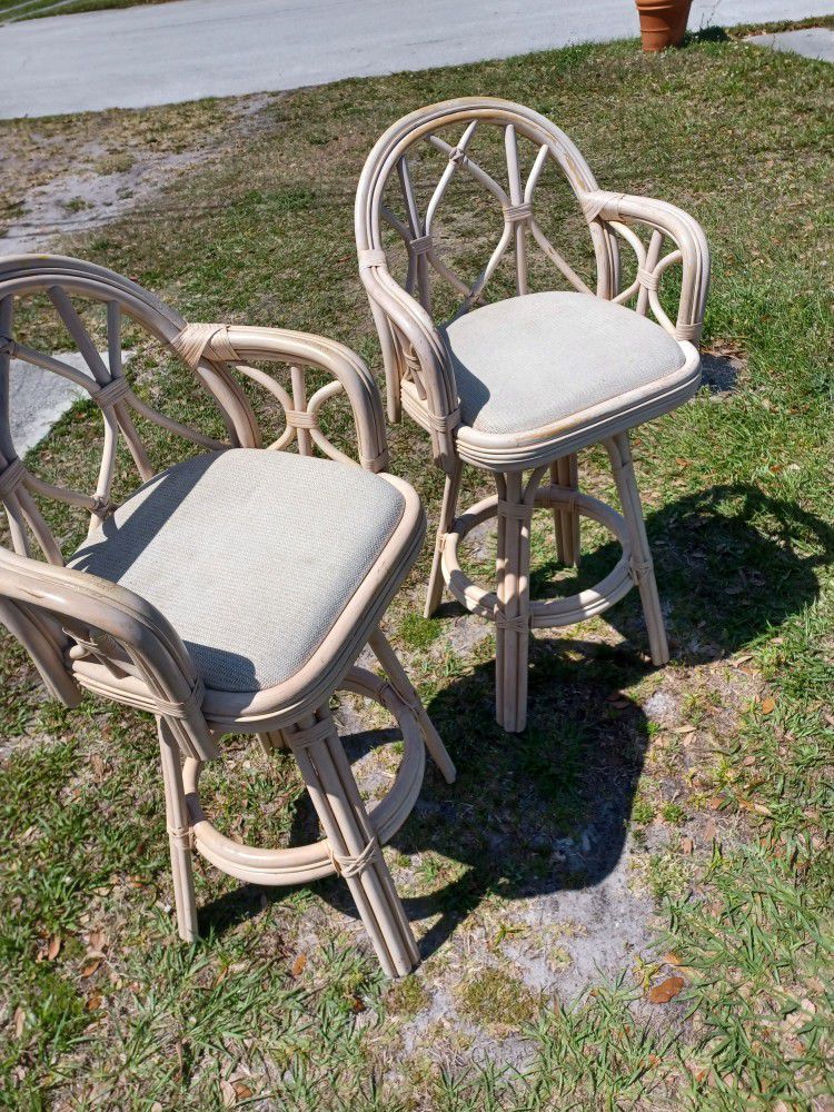 SALE 40 FOR 2 GORGEOUS STOOLS - PAIR OF RATTAN BAMBOO + FABRIC FULL SWIVEL