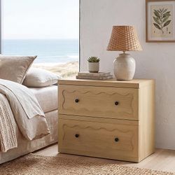 VividVibe Light Oak Scallope Nightstand- Farmhouse Modern Organic Antique Minimalist Bedroom Bed