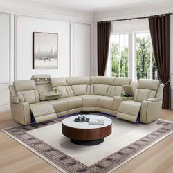 $641ABC-Power Recliner Sectional Sofa, Khaki Leather Reclining Couch Set with LED, L-Shaped Sectional Living Room Furniture with USB Port/Storage/Cup 