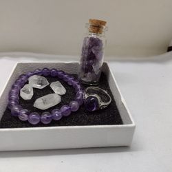 Amethyst Bracelet And Ring Set With Clear Quartz And Chip Bottle