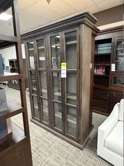4-Door Glass Display Cabinet - Distressed Gray-Brown | Cupboard