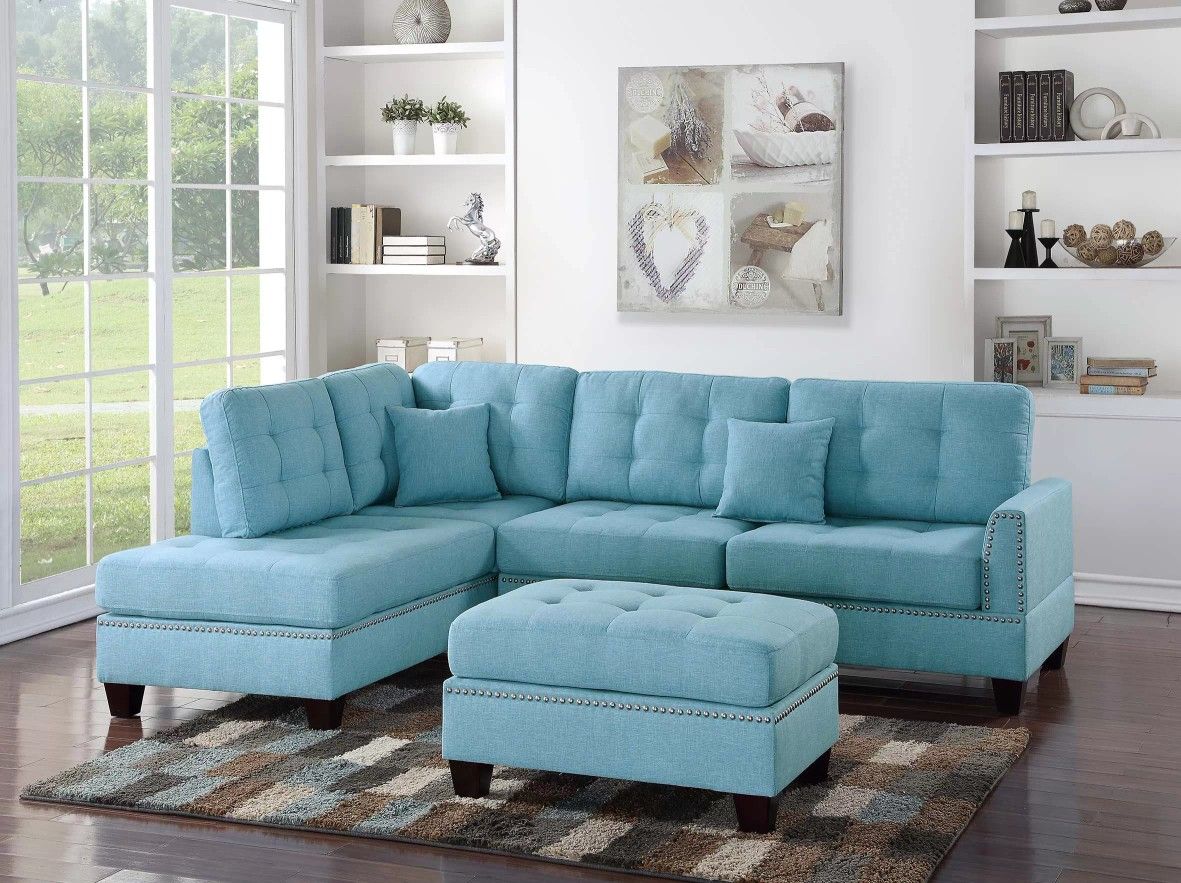 Brand New Aqua Blue 3pc Reversible Sectional Sofa With Ottoman