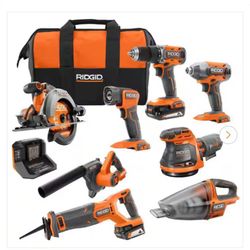 RIDGID 18V Cordless 8-Tool Combo Kit with 2.0 Ah Battery, 4.0 Ah Battery, Charger, and Tool Bag New Dame fe Box, $350 