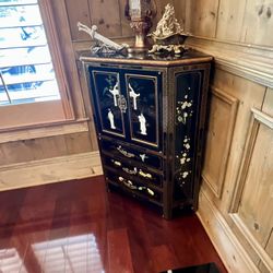 Oriental Black Lacquer Mother Of Pearl Corner Cabinet