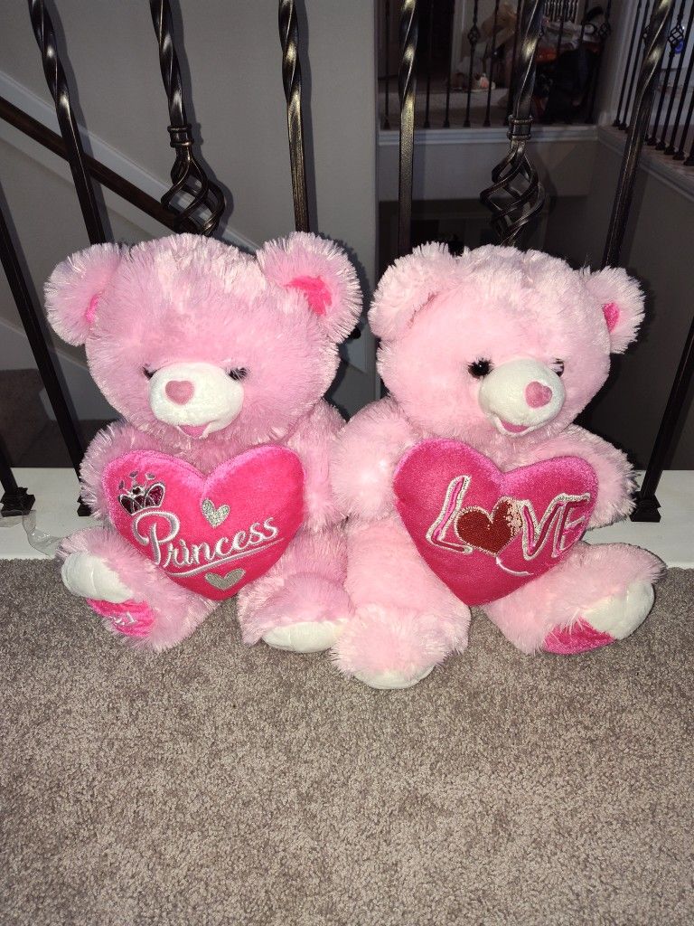 Pink matching teddy bears with princess and love hearts