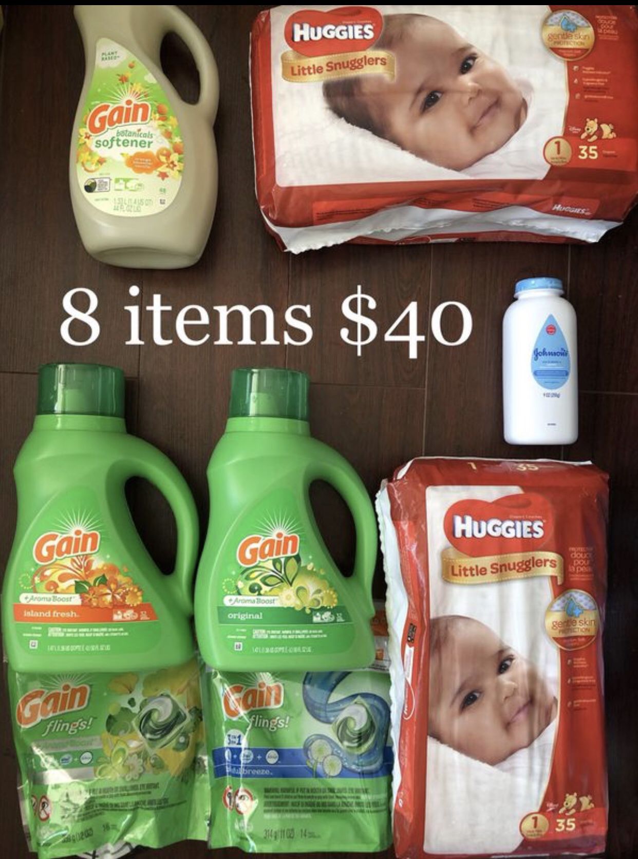2 Huggies Diapers, 5 Gain: 2 Liquid Laundry Detergents, 2 Pods, 1 Fabric Softener; 1 Johnson Baby Powder: 8 Items $40