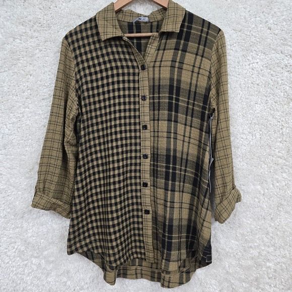 Habitat Shirt Womens Small Brown Plaid Boyfriend Tunic Roll Tab Sleeve Button