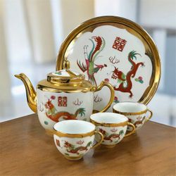 Vintage Chinese Porcelain Tea Set Dragon Phoenix Gold Gilt 6-Piece Made China