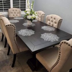 🖤🤍Linen/Black Dining Table and Upholstery Tufted Chairs💯 Dining Room Set/ Kitchen✅ $39 Down Payment ‼️ Delivery Available ❗️