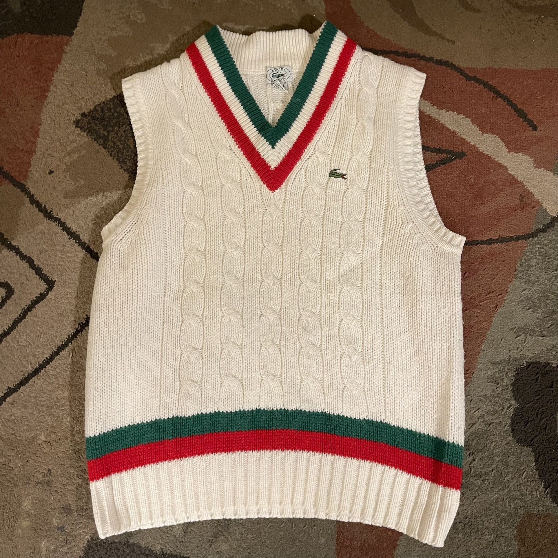 Vintage 1980s Lacoste Acrylic Knitted White Green Red Vest Size L for in Los Angeles, CA - OfferUp