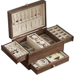 NEW Wooden Jewelry Box for Women, 3 Level Multi-functional Drawers Black Walnut Jewelry Organizer Box, Watch, Necklace, Ring, Earring Storage - Valent
