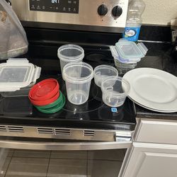Glass And Plastic Tupperware And 2 Amazon Basic Plates 