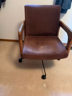 Modern Oak & Brown Upholstered Rolling Office Chair