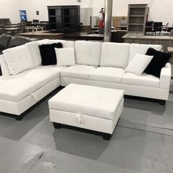 NEW! White Sectional With Storage Ottoman And Storage Chaise