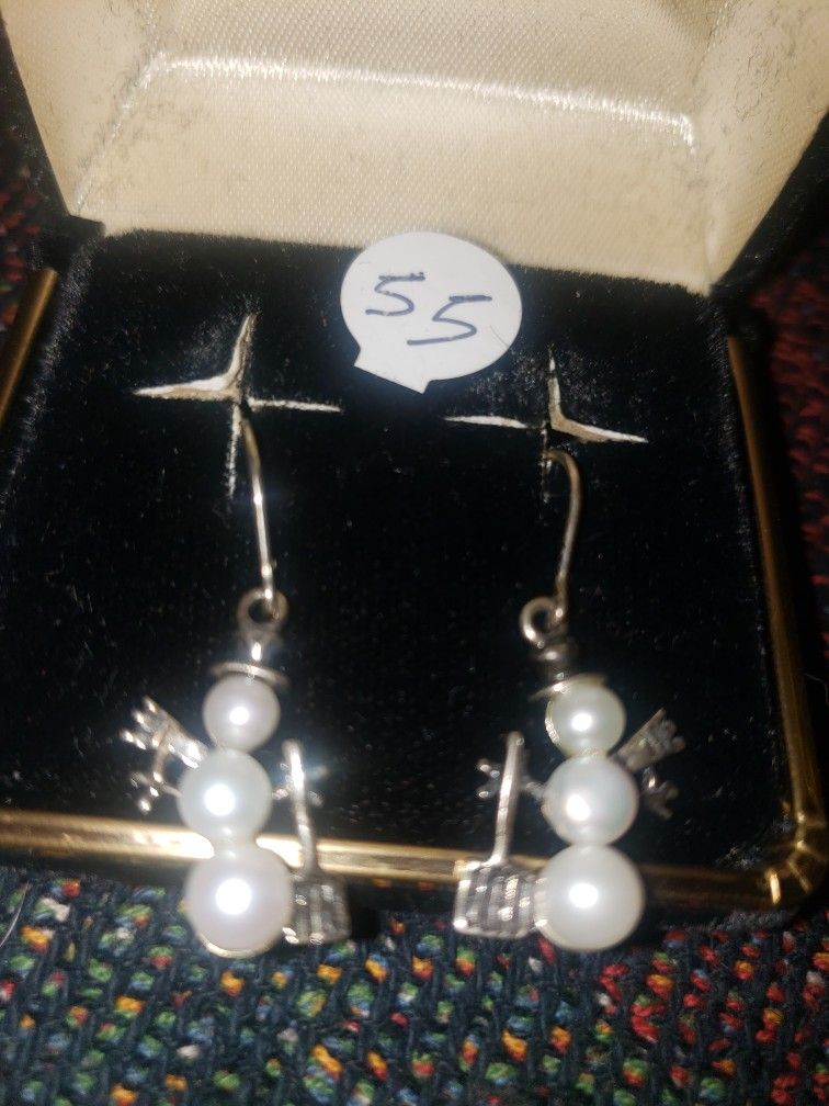 Silver 925 Pearl Snowman Earrings Christmas Culver City Area