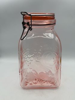 Pink Glass Fruit Embossed Canister Jar with Wire Bail Lid