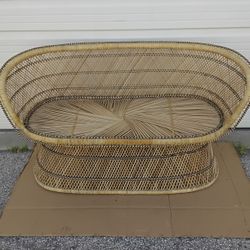 Nice Tan Wicker Loveseat With White Cushion Like Now
