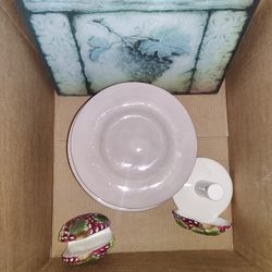 USED.  Glass Cutting Board, Ceramic Paper Towel Holder, 7 Dinner Plates, Ceramic Sponge Holder