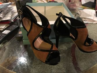 LADIES NEW BLACK LEATHER AND BROWN SUEDE SIZE 8.5 ANTONIO MELANI HIGH HEEL DRESS SANDAL
