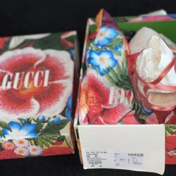 Gucci Tulle Ruffle High Heel Slingback Sandals (Pink)