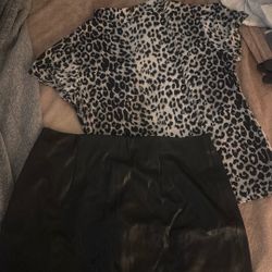 LEATHER SKIRT WITH CHEETAH SILK TOP.
