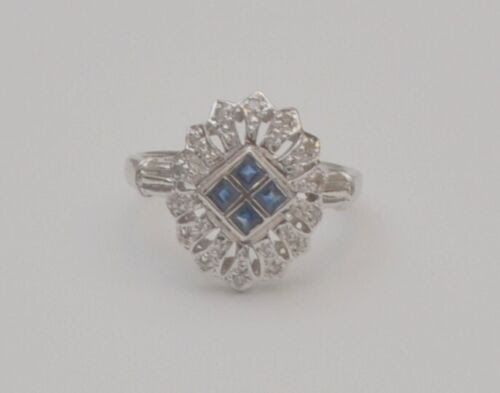 Sapphire and Diamond 14k White Gold Cluster Ring Size 7