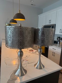 Set of 2 Modern Silver Table Lamps with Decorative Metal Shades
