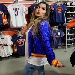 Astros blue Sequin Bomber Jacket for women’s/Outerwear Party Outfit/Formal Blue Sparkle Glitter Jacket