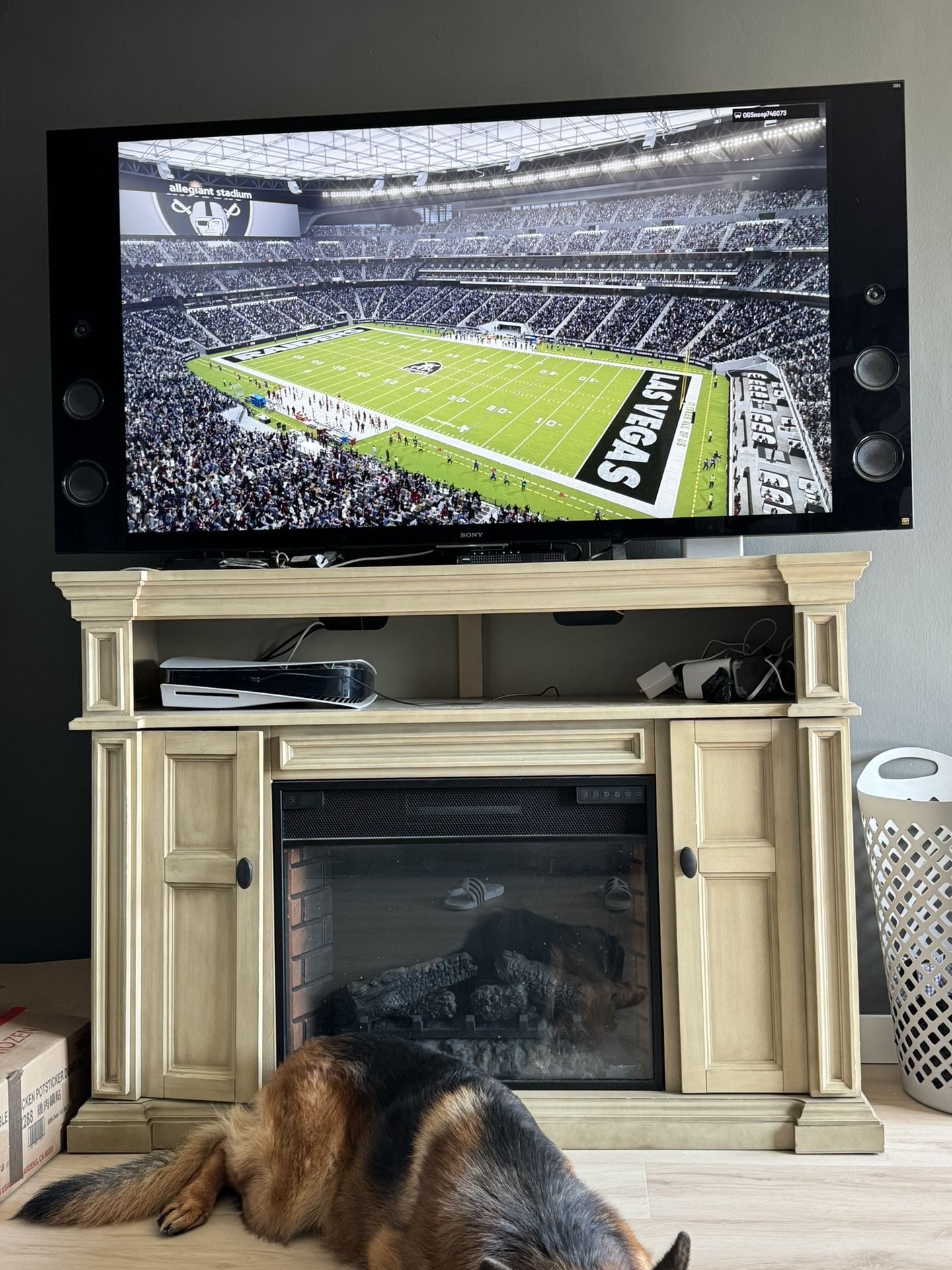 SONY 56inch flat Screen TV with FIRE PLACE/ TV STAND And PS5