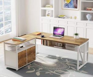 F1859AB L Shaped Desk with Drawer,63" Executive Computer Desk and lateral File Cabinet, 2 Piece Home Office Furniture for Hanging File, Cabinet with D