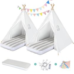 New 2 Pack Teepee Tent for Kids with Inflatable Airbed, Light, Indoor Toddler Sleepover Tents Children Room Tents for Slumber Party, Outdoor Kids Play