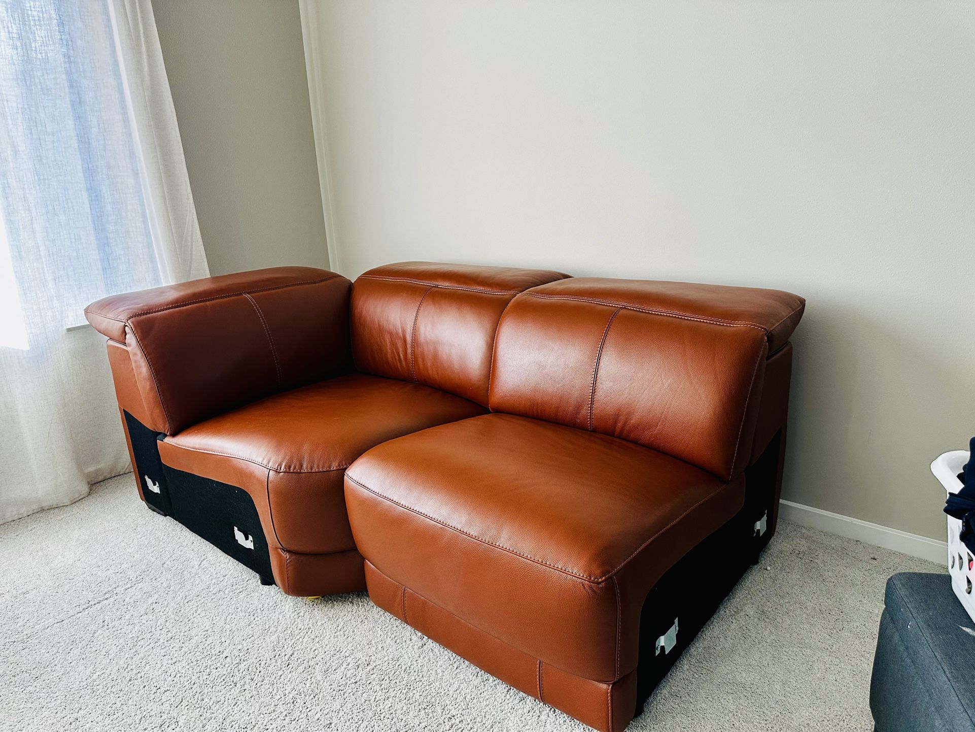 Macy’s Lexanna Corner + Armless Chair (Leather, Warm Brown) – Like New – Bundle Deal