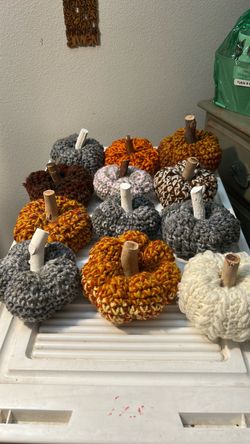 Handmade Crochet Pumpkins with Twig Stems