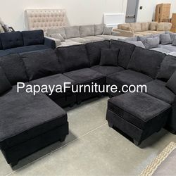 New 113” Chennile Sectional Couch, U-Shaped Sectional Sofa, Couch, Sectionals, Sectional And Ottoman, Couch, Black Sectional, Reversible Chaise Sofa D