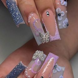 24 pcs blue french 3 D flower silver butterfly coffin shape fake nails 