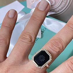 TIFFANY & CO ZIEGFELD SIZE 7 CARVED BLACK ONYX DAISY RING SILVER NEW $600