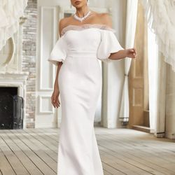 Off Shoulder Contrast Mesh Mermaid Hem Wedding Dress