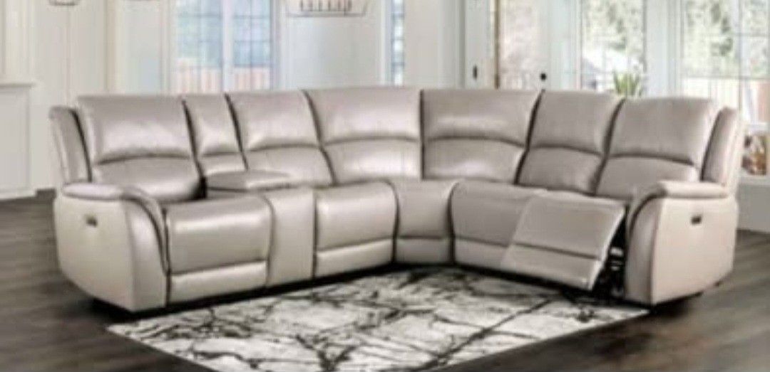 Brand New Light Gray Top Grain Leather Power Reclining Sectional Sofa