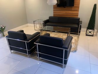 Reception /lobby sofa set black leatherette with chrome 3 PCs