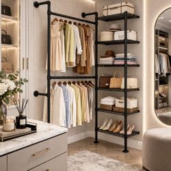 Wall Mounted Closet System, Industrial Pipe Clothing Rack Clothes Racks with 2 Telescopic Rod & 6 Shelves, Heavy Duty Closet Organizers System in Ward