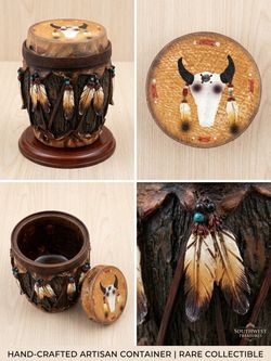 Southwestern Native American Style Pottery Bowl with Feather & Buffalo Lid