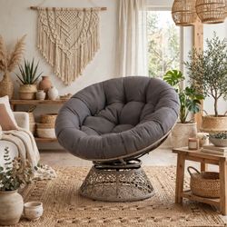 Papasan Lounge Chair — Rattan Wicker Swivel Base, Grey Cushion (New)