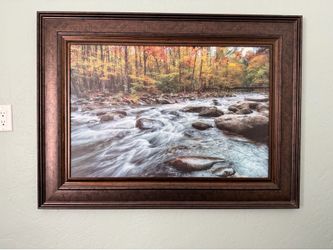 Large Framed River Landscape Wall Art – Rustic Wood Frame