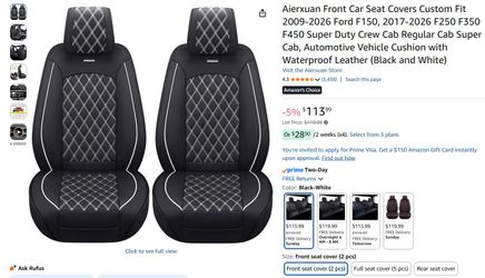 *2 Front* 2009-2026 Ford F150, 2017-2026 F250 F350 F450 PU Leather Seat Covers Black & White