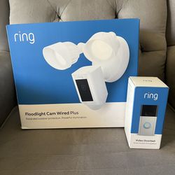 Ring - Floodlight Cam Plus Outdoor Wired 1080p Surveillance Camera - White, Ring - Video Doorbell - Satin Nickel