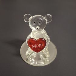 Miniature Hand Blown Art Glass Bear Holding A Red Heart ❤️  Saying "MOM" Displayed On A Beveled Mirror Base 2 3/8"H 