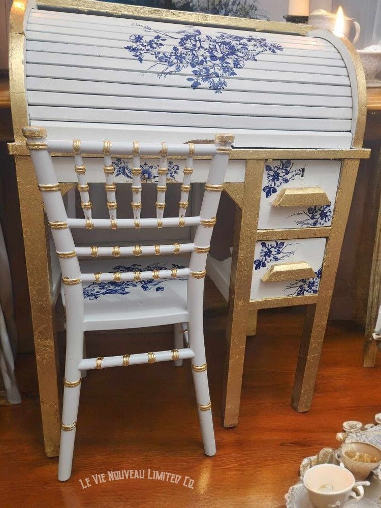 Antique 1940s Children's Teacup Blue & White Roll-Top Desk w/ Chair Vintage Home Décor Girls Room