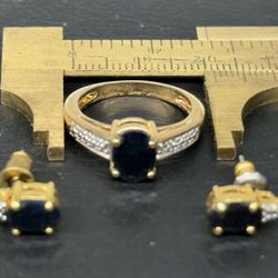 Matching Set Gold Plated Ring And Erring diamond & Garnet Accent 