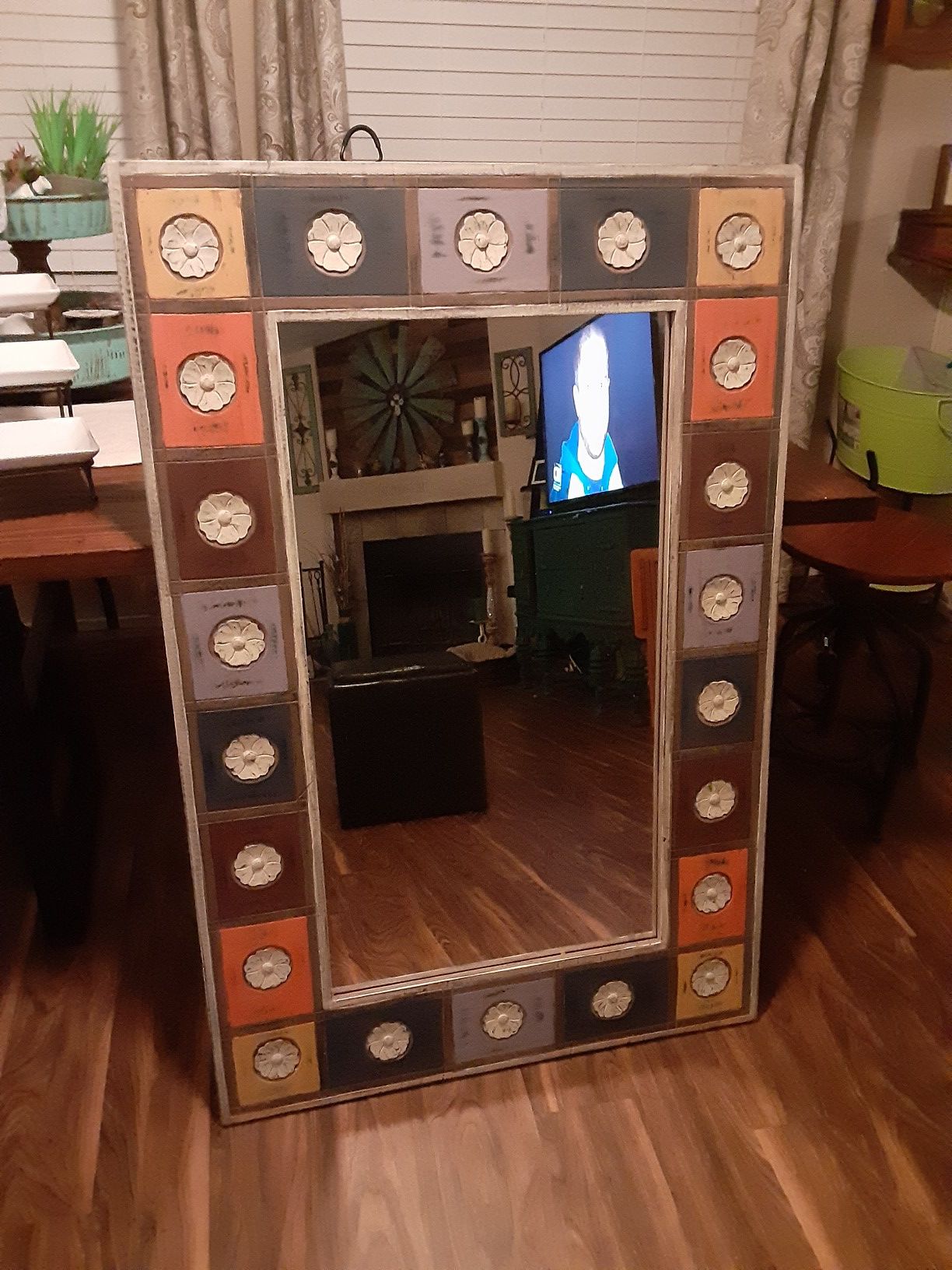 Colorful Boho wall mirror. Excellent condition. 32"wide x 48 long.