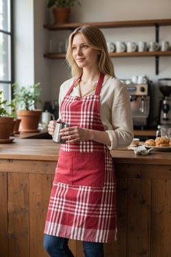 Red And White Gingham Plaid Kitchen Apron with Front Pocket Summer BBQ Patriotic